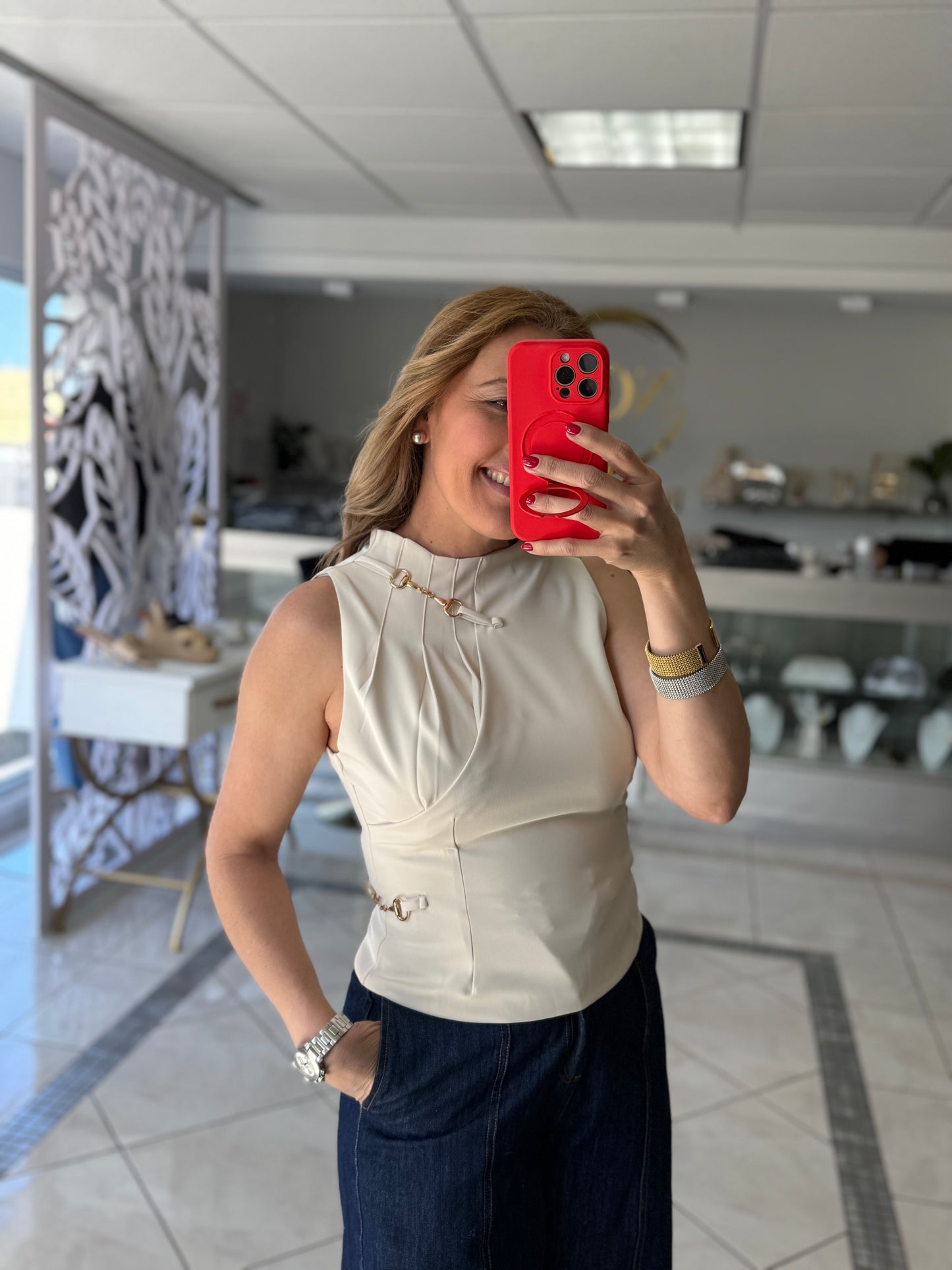 High neck buckle top