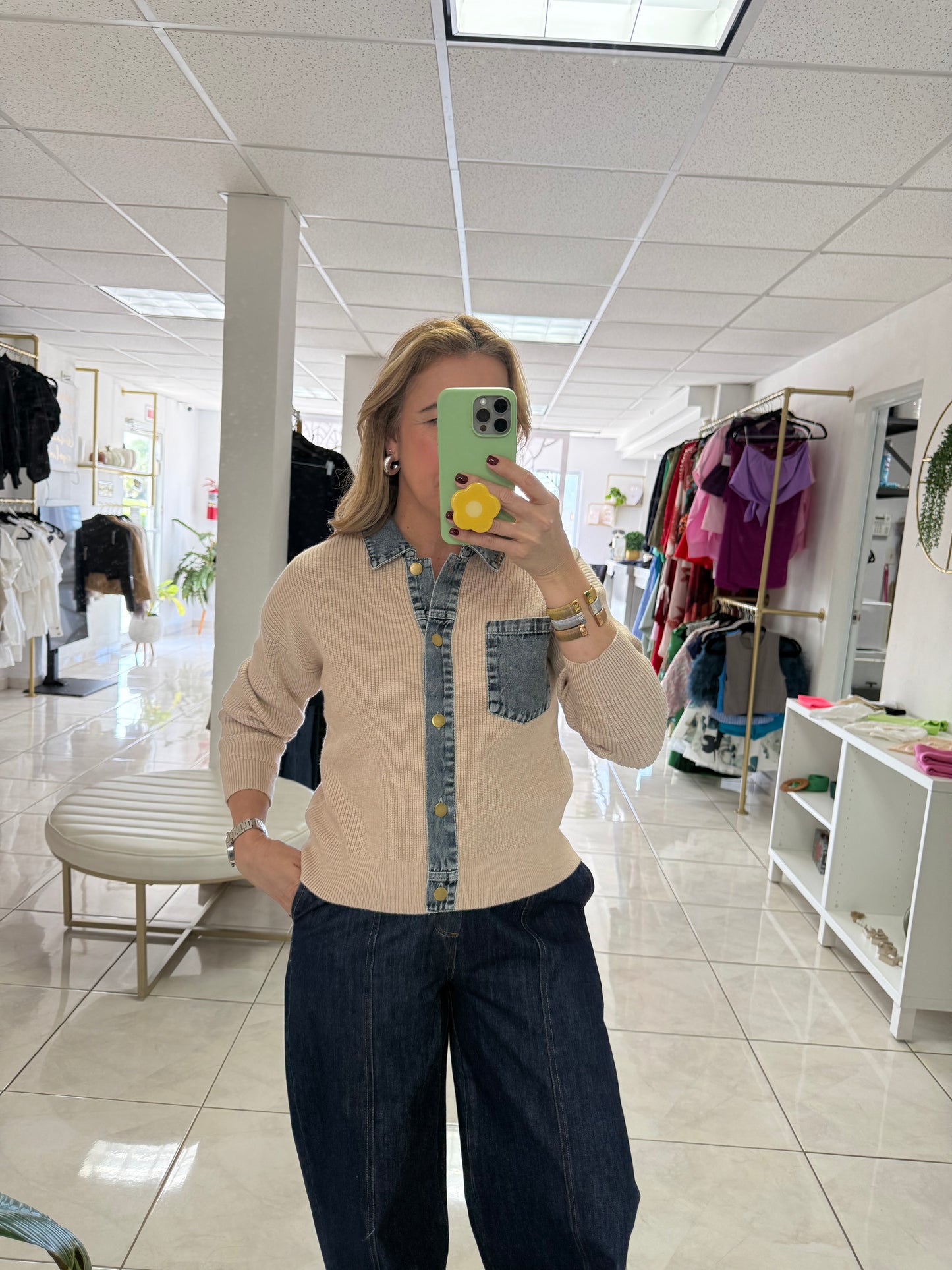 Beige Denim Trim Cardigan