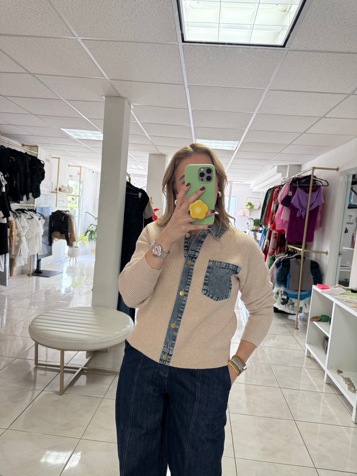 Beige Denim Trim Cardigan