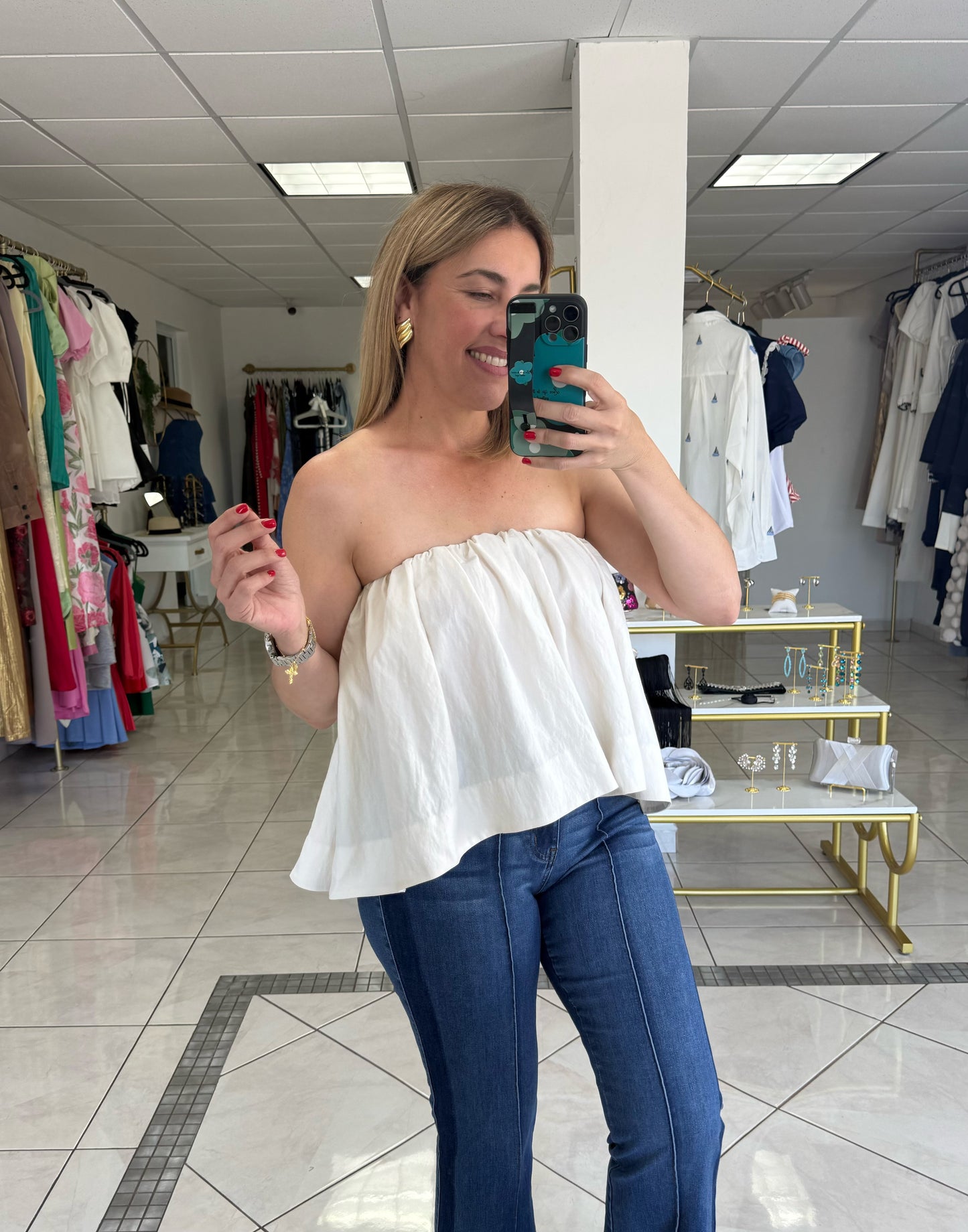 Strapless gathered detail top