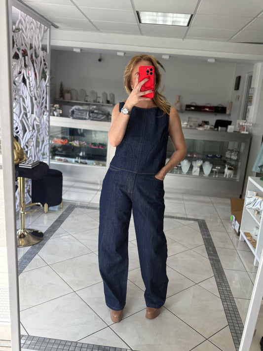 Denim back tie pant set