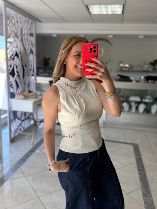 High neck buckle top