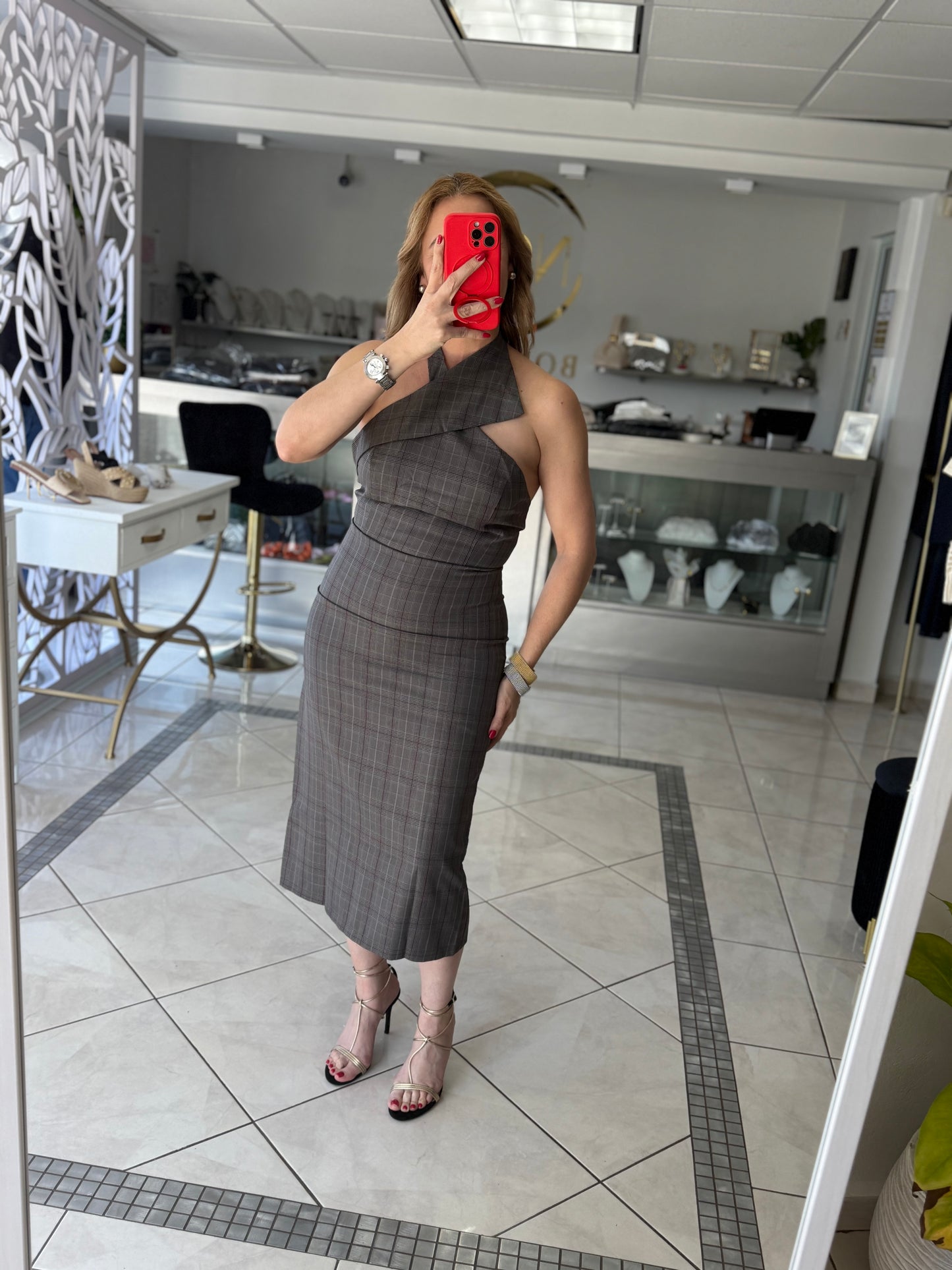 Gray Plaid Halter Dress