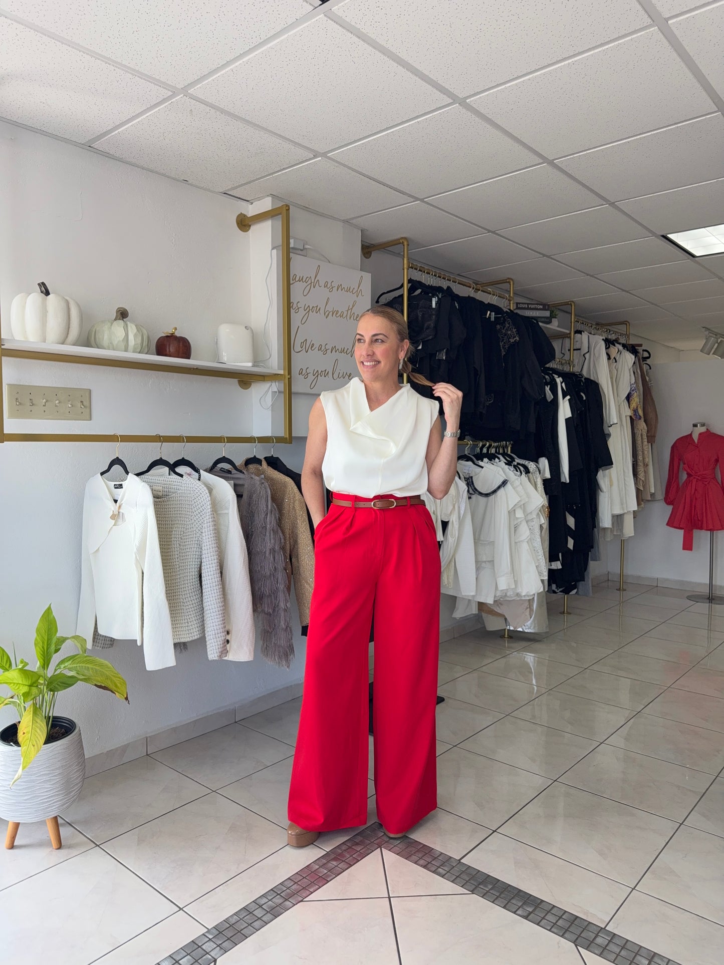 Pleated High Waist Red Trouser