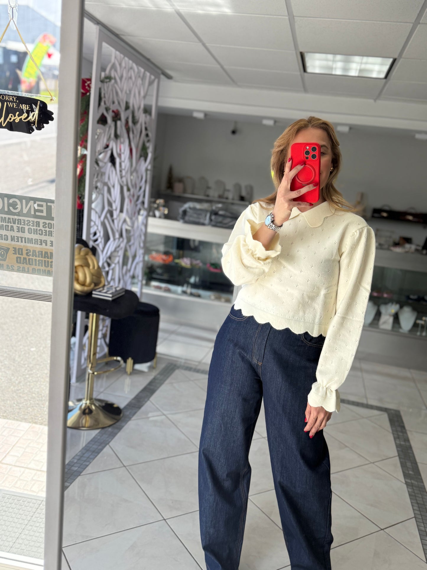 Scalloped edge sweater top