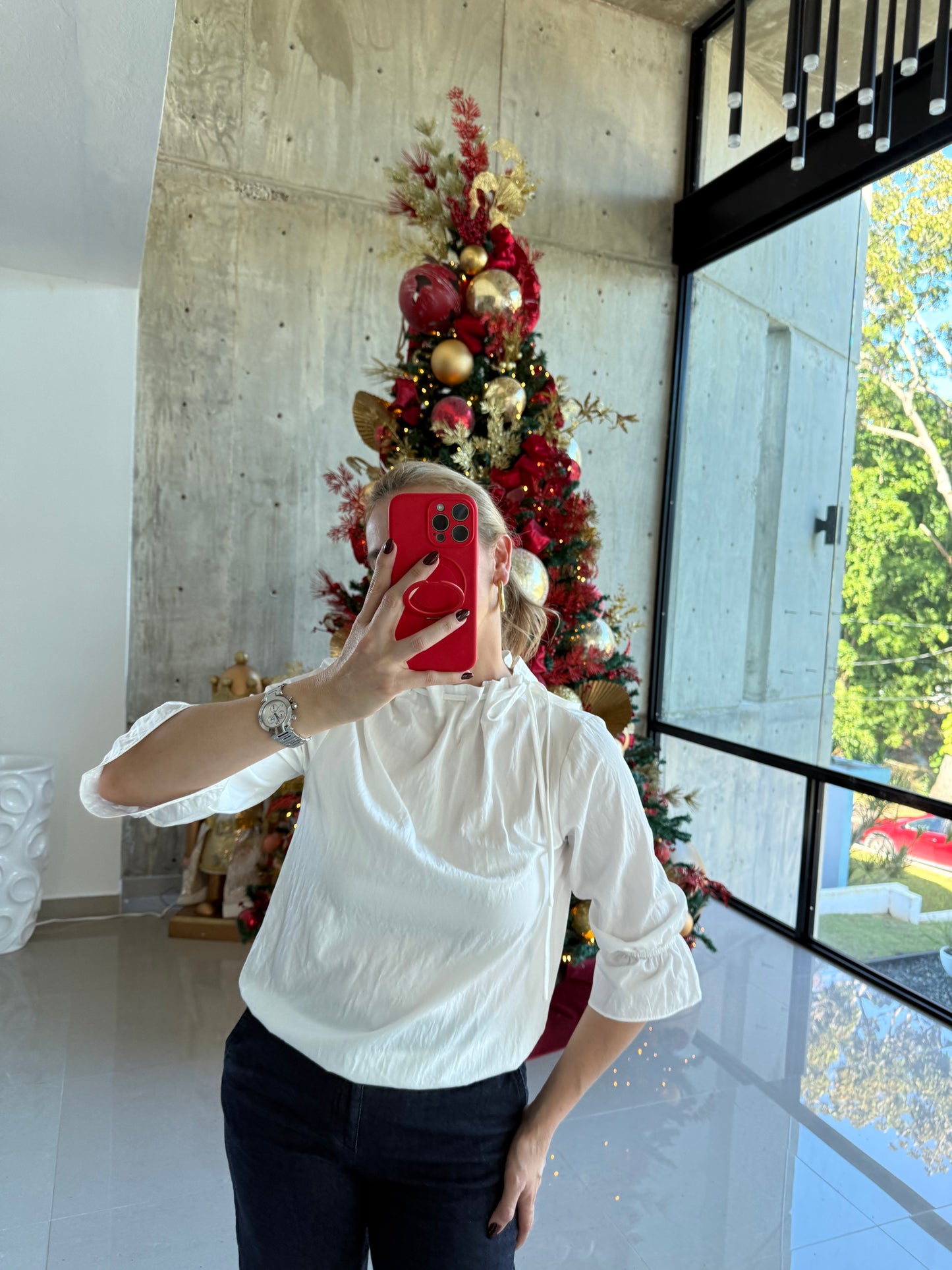 Cinched mock neck blouse