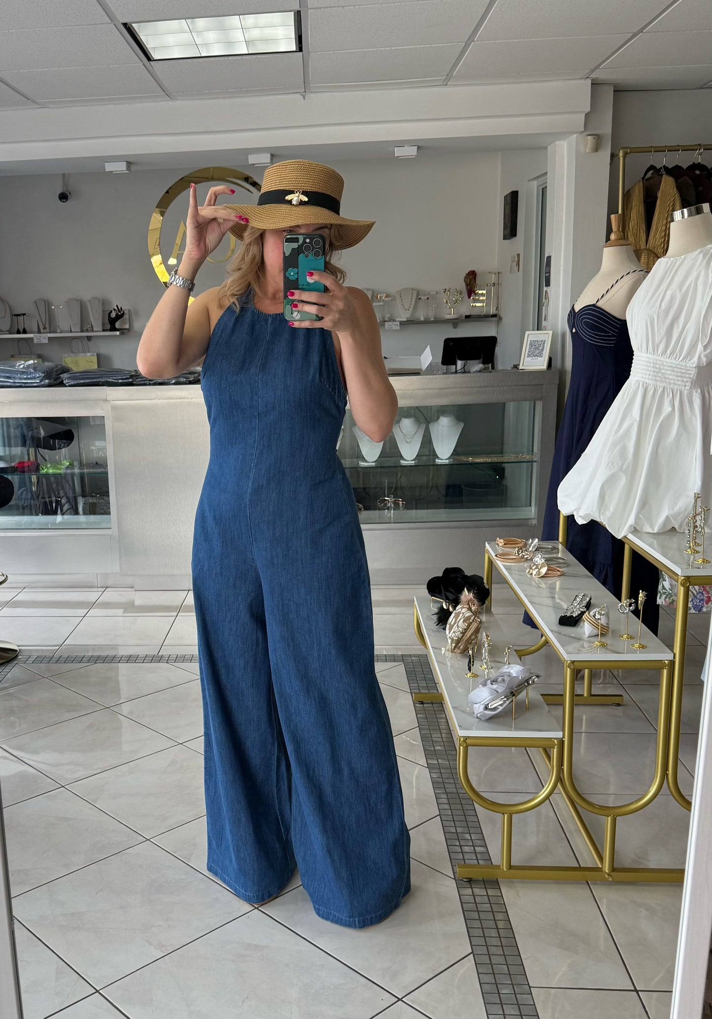 Halter denim jumpsuit