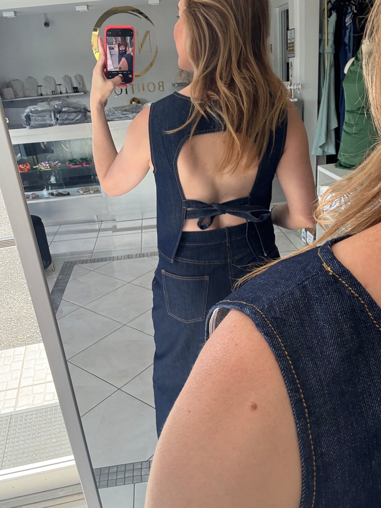 Denim back tie pant set