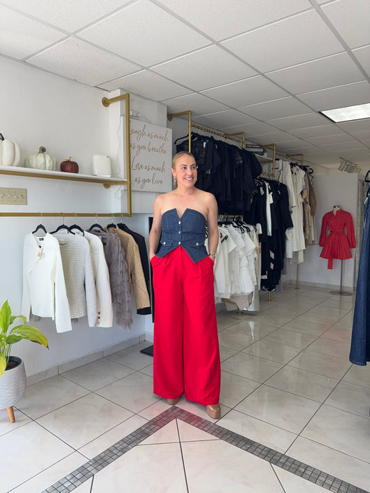 Pleated High Waist Red Trouser
