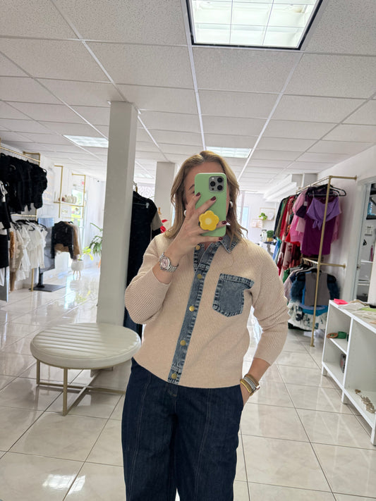 Beige Denim Trim Cardigan