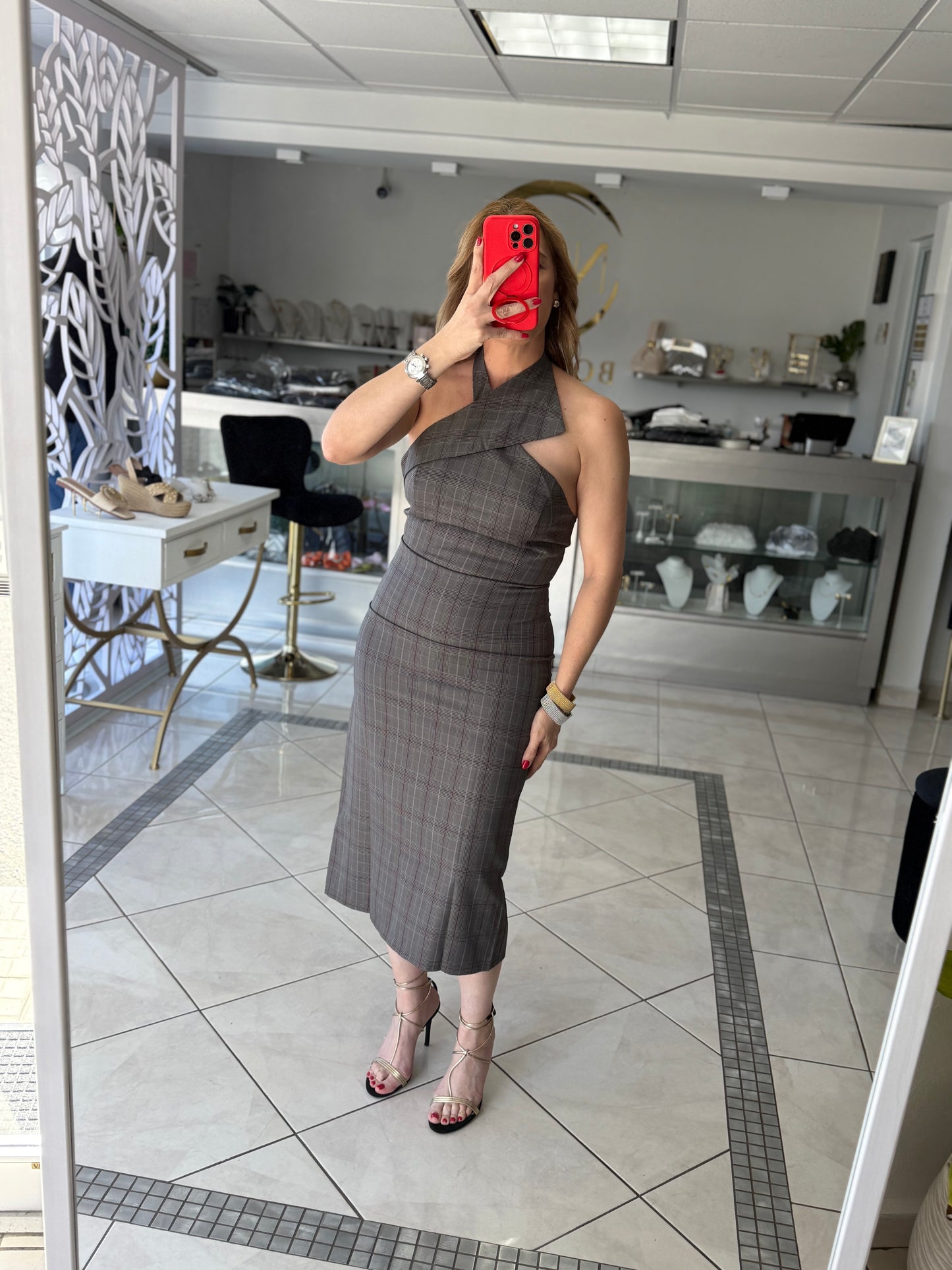 Gray Plaid Halter Dress