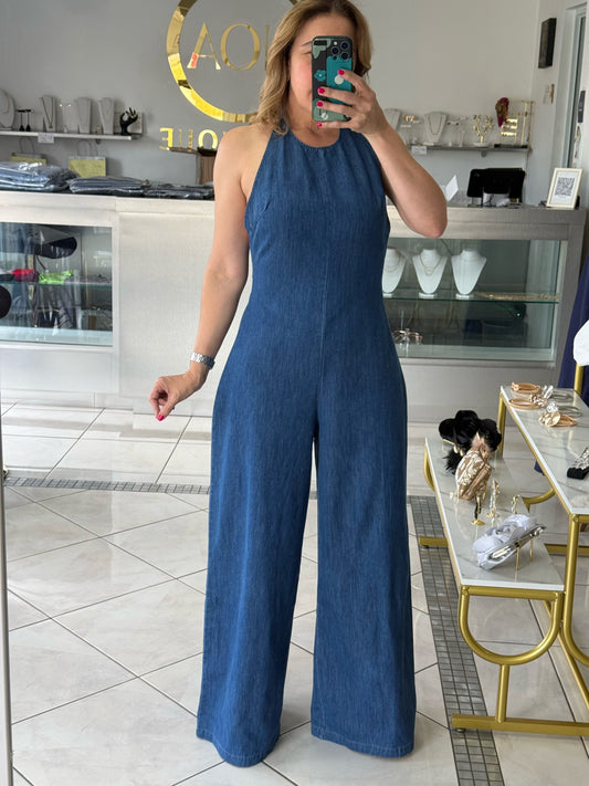 Halter denim jumpsuit