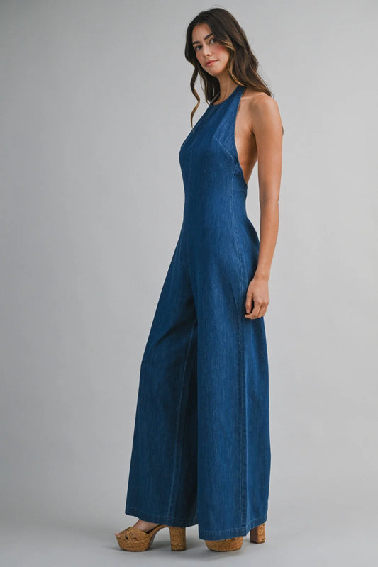Halter denim jumpsuit