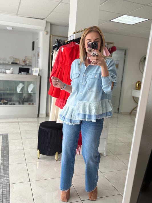 Lace Trim Denim Blouse