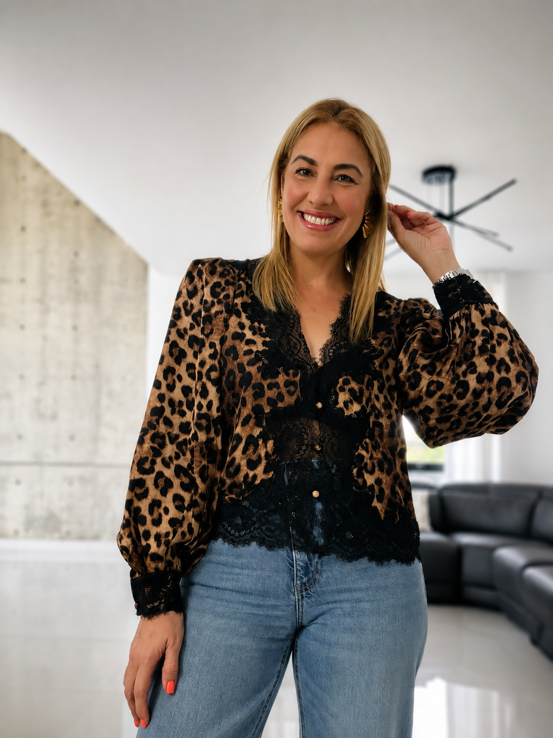 Leopard lace trim top
